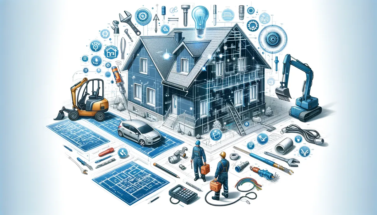 Projekt architektoniczny domu z nakładką różnych elementów budowlanych, w tym koparki, hydraulika i elektryka, symbolizujących kompleksową obsługę budowy przez firmę Calmaco. Grafika łączy techniczny rysunek z kolorowymi, trójwymiarowymi ilustracjami, przedstawiając profesjonalne zarządzanie budową od planowania do wykonania, co ma na celu wizualne przekazanie zakresu usług oferowanych przez firmę.